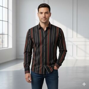 Monzini Collection Button Up Shirt Mens XL Black Striped Vintage USA Cuff Link